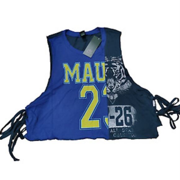 Y2K Inspired Women's Side-Tie Cropped Tank Top Blue Festival Patchwork M - Picture 4 of 4